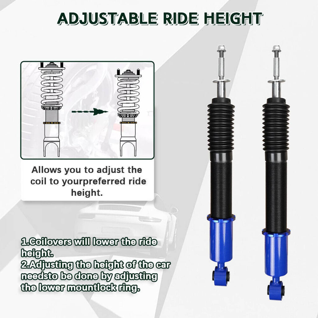 Adjustable ride-height coilover strut pair with blue lower mounts and black springs