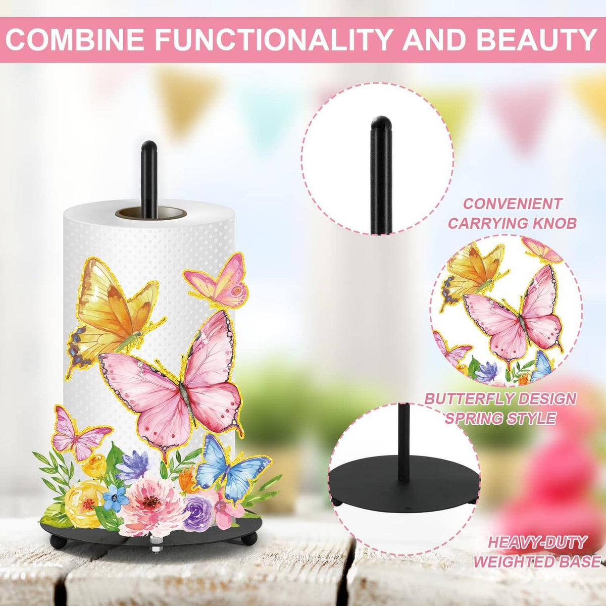 Butterfly floral paper towel holder with black carrying knob, upright rod, and white body