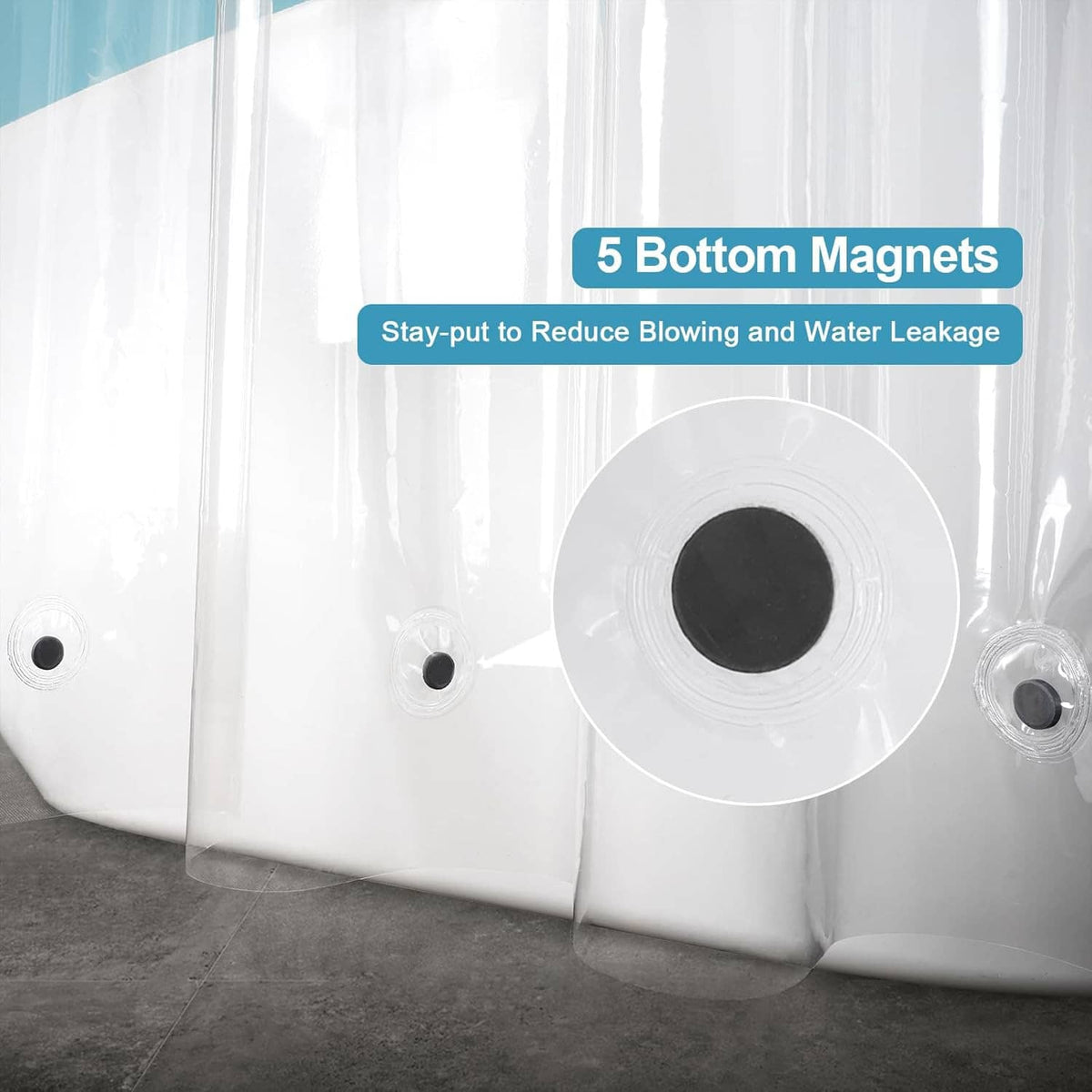 Clear shower curtain liner bottom with 5 embedded magnets for secure staying
