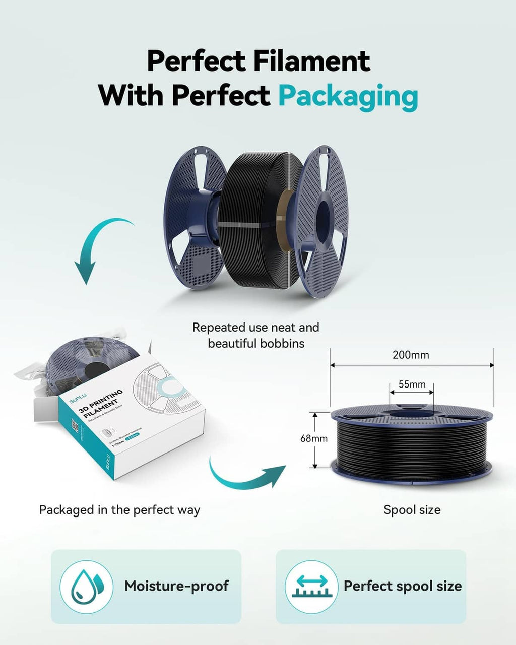 Black TPU filament on a spool with protective packaging and reuse label icons