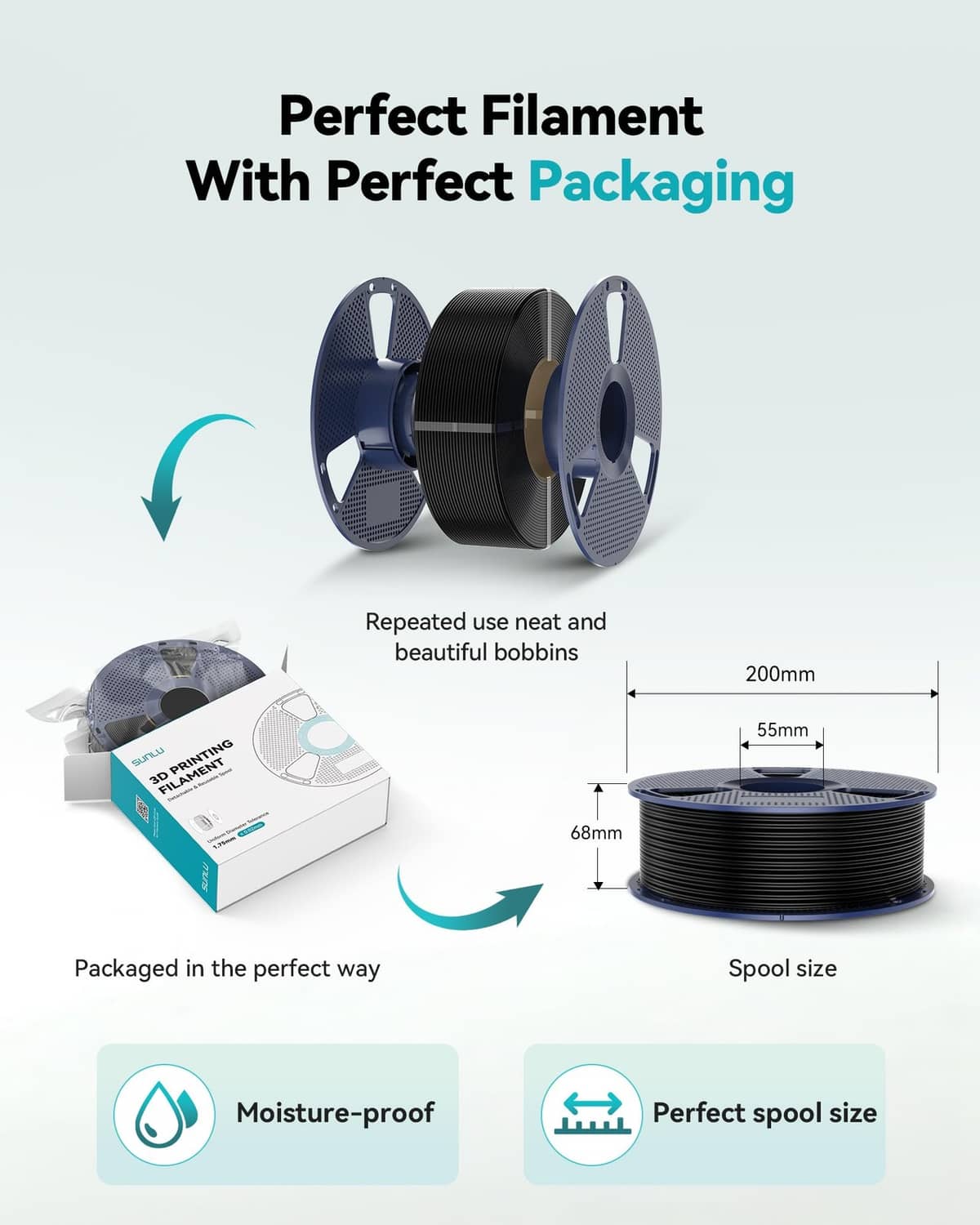 Black TPU filament on a spool with protective packaging and reuse label icons