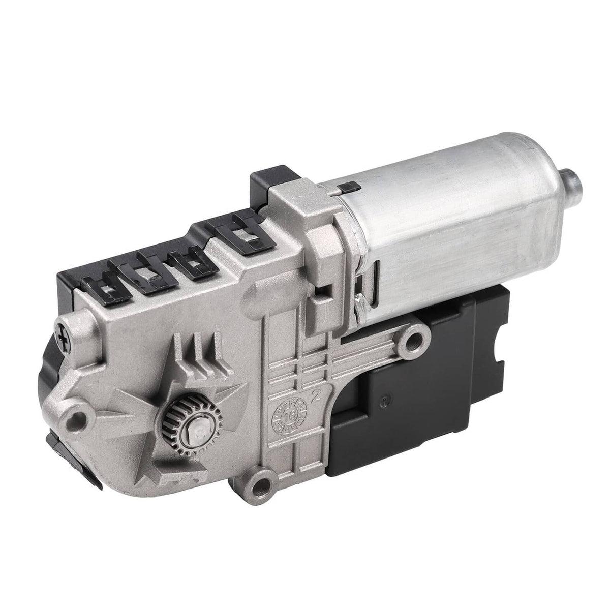 Sunroof motor assembly with silver cylinder, black module, and multi-pin connector