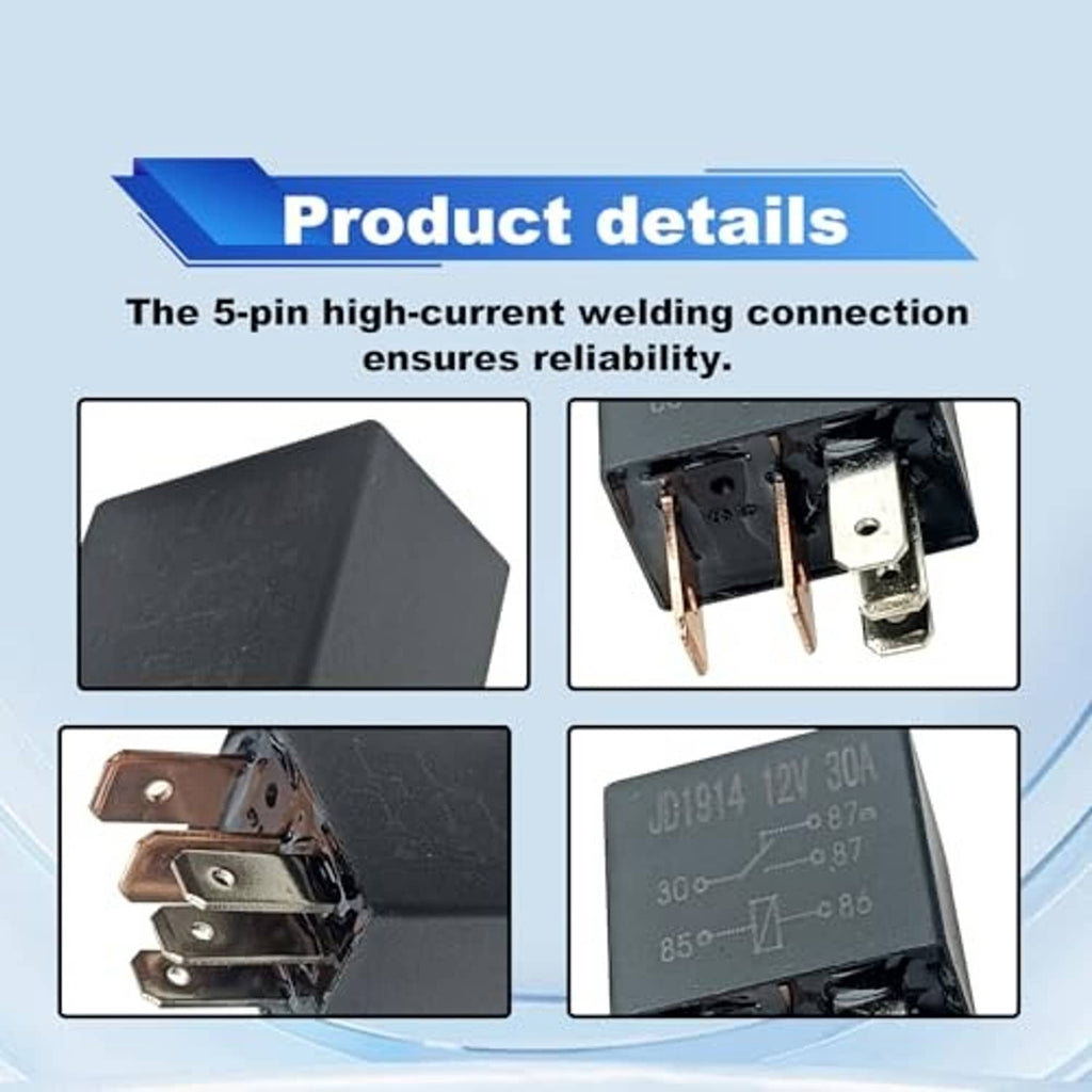 Black 5-pin automotive relay with printed markings and metal contact prongs