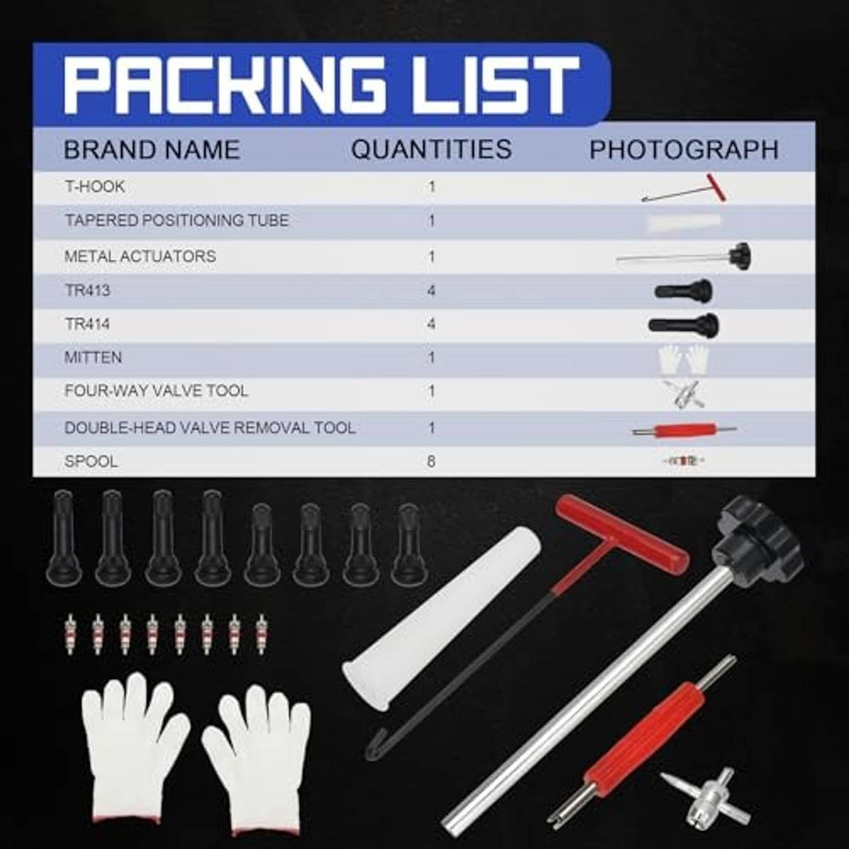Tire valve tool kit contents: black valve stems, white cone, red-handled tool, gloves