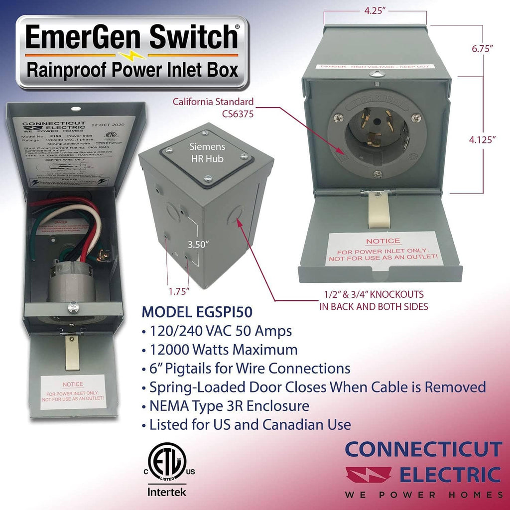 Rainproof power inlet box product diagram with measurements and outlet rating text