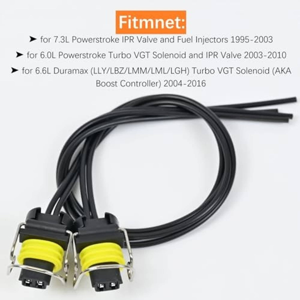 Fuel injector connector pigtail harness with two black plugs on a black wire loop