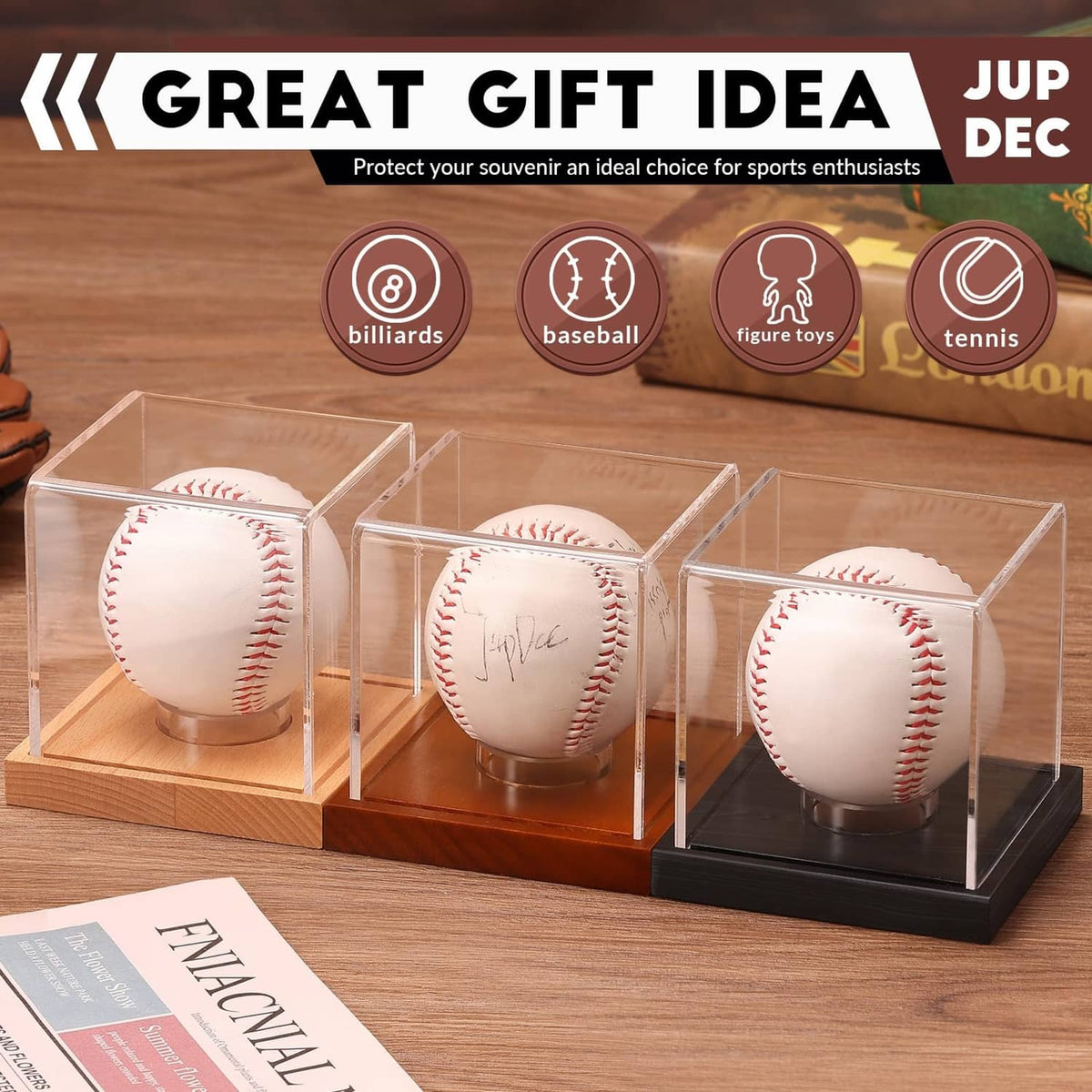 Set of clear acrylic baseball display cubes on brown wooden blocks