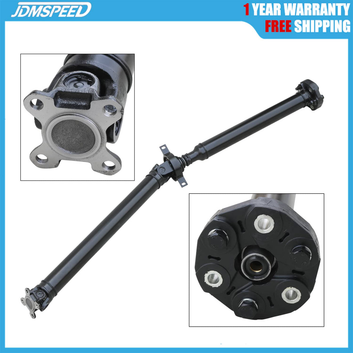 Rear drive shaft assembly yoke flange with center bearing and mounting holes