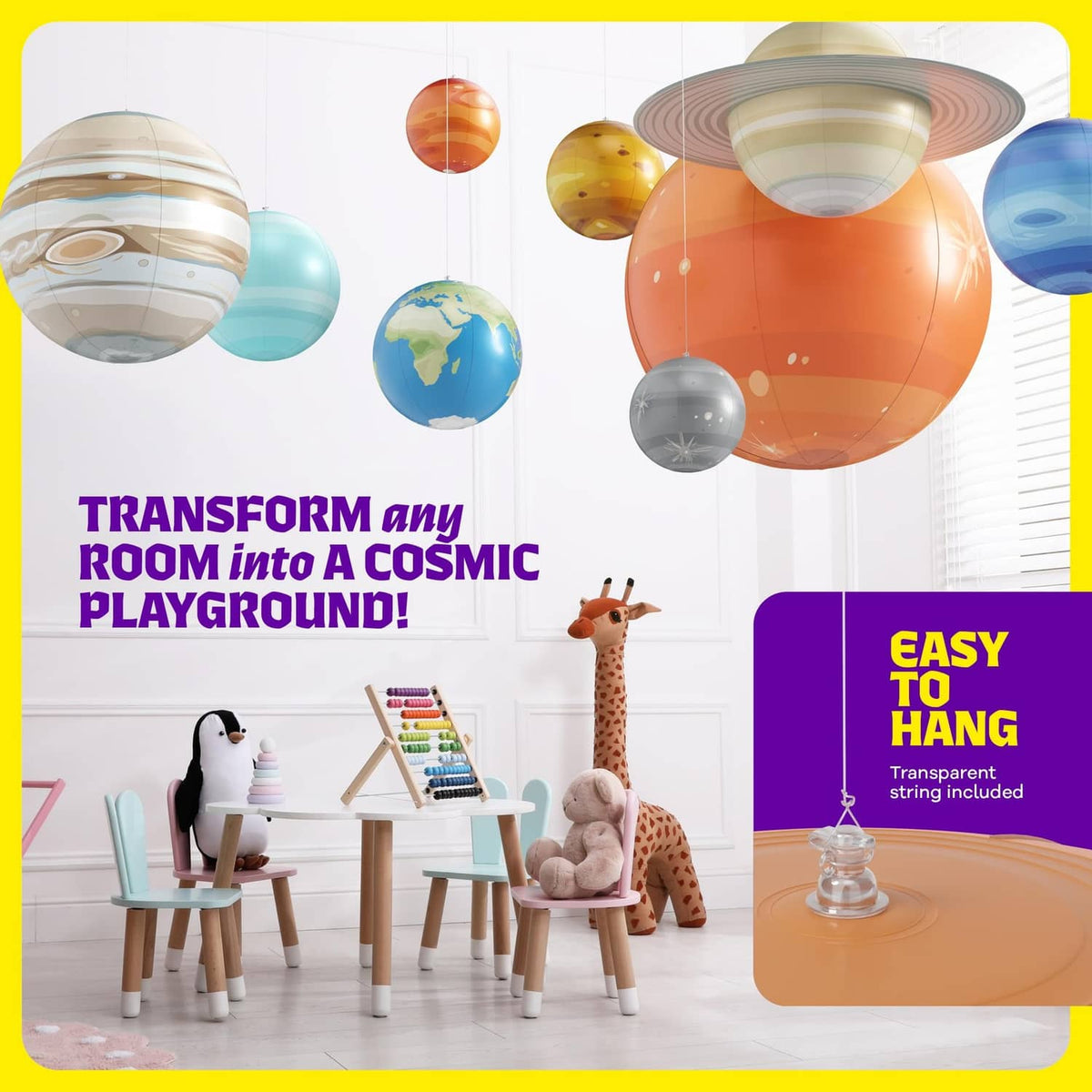 Inflatable solar system planet set with hanging orange and striped planets above play area
