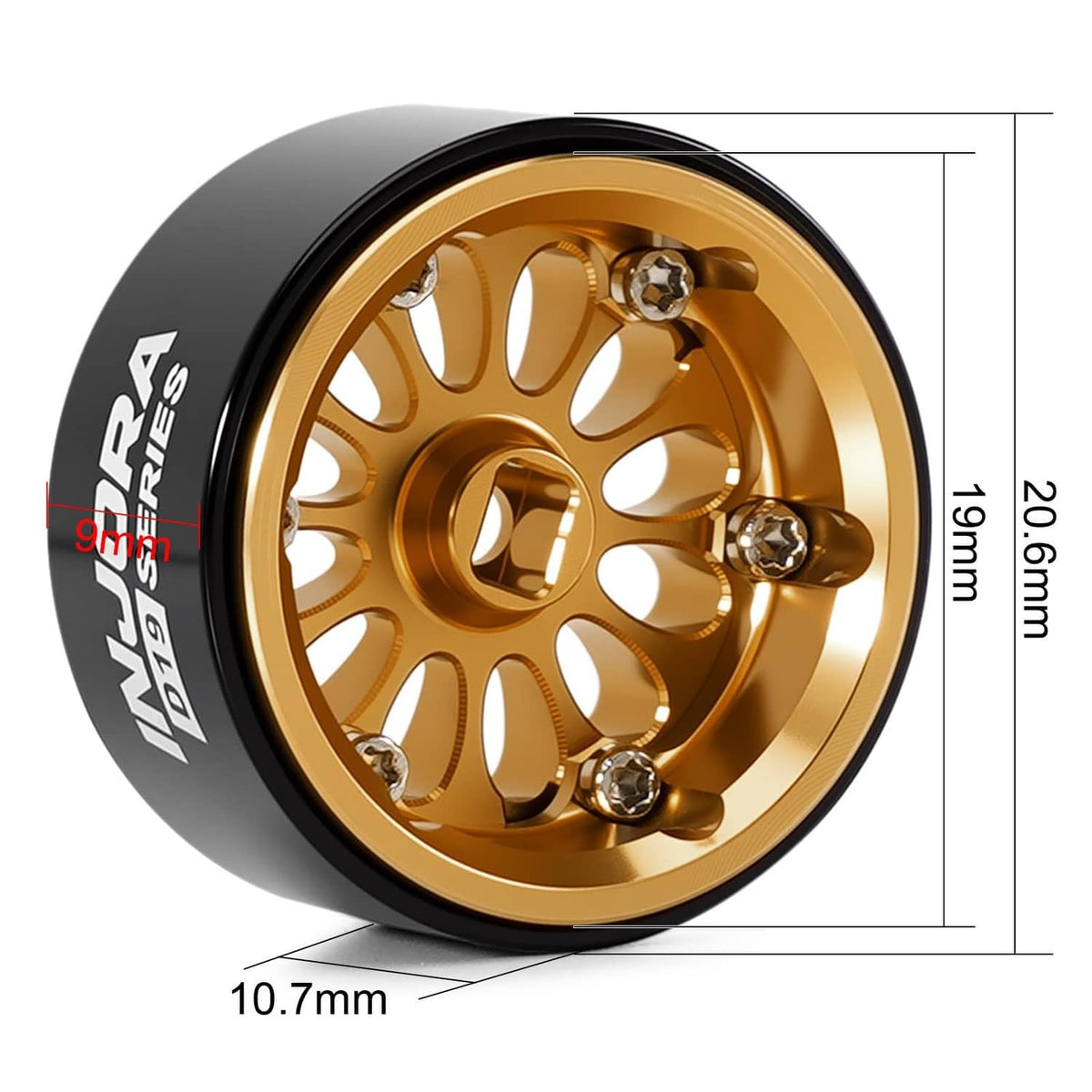 Close-up gold beadlock wheel with black tire, multi-spoke design and metal bolts
