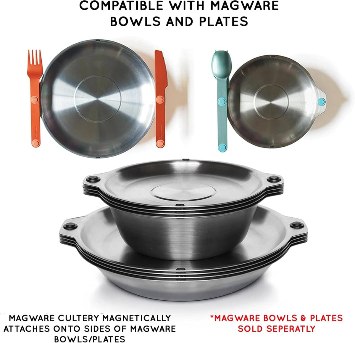 Magware camping cutlery set with teal spoon and orange fork shown with stackable pots