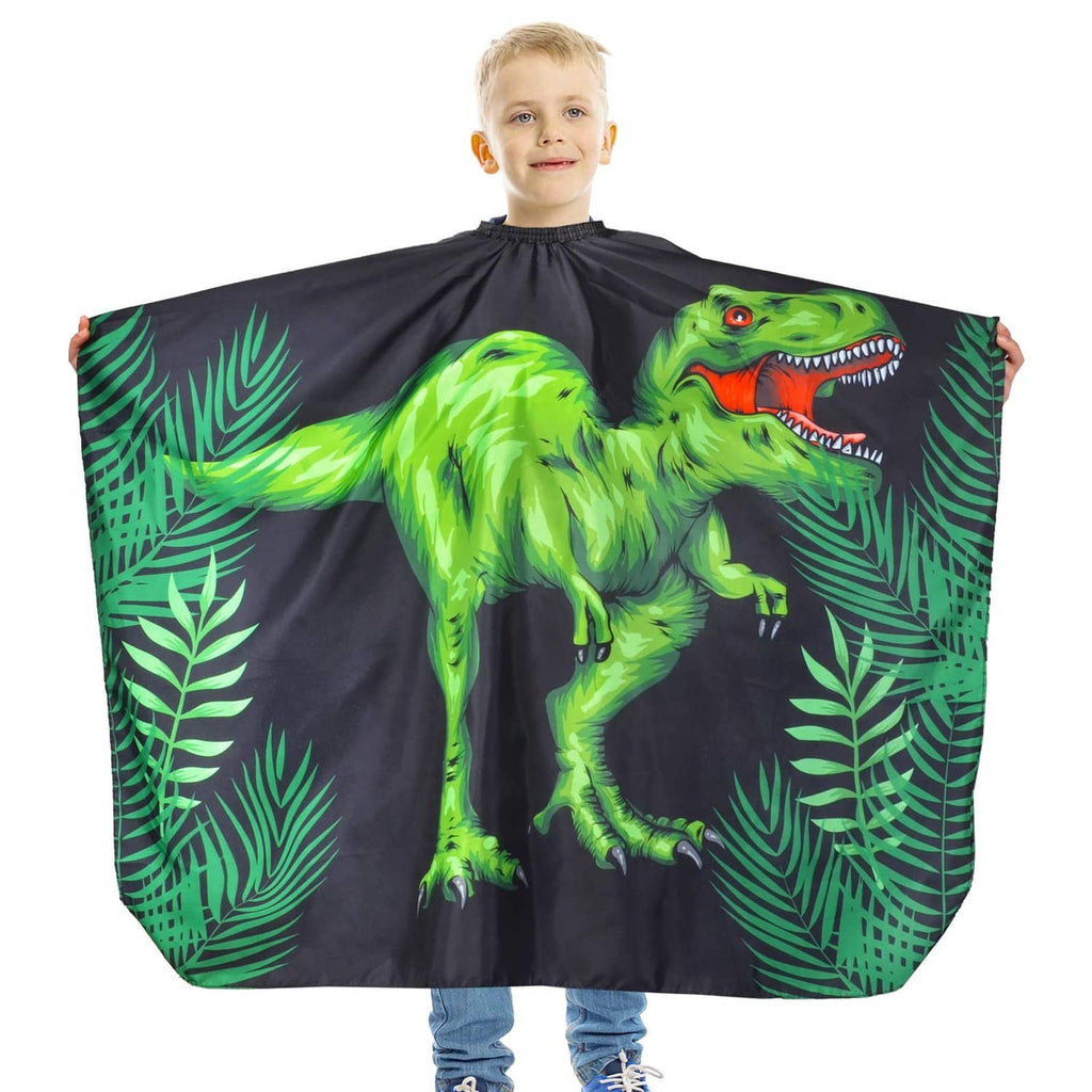 Kids waterproof haircut cape with green dinosaur graphic, black cape with ruffled neck