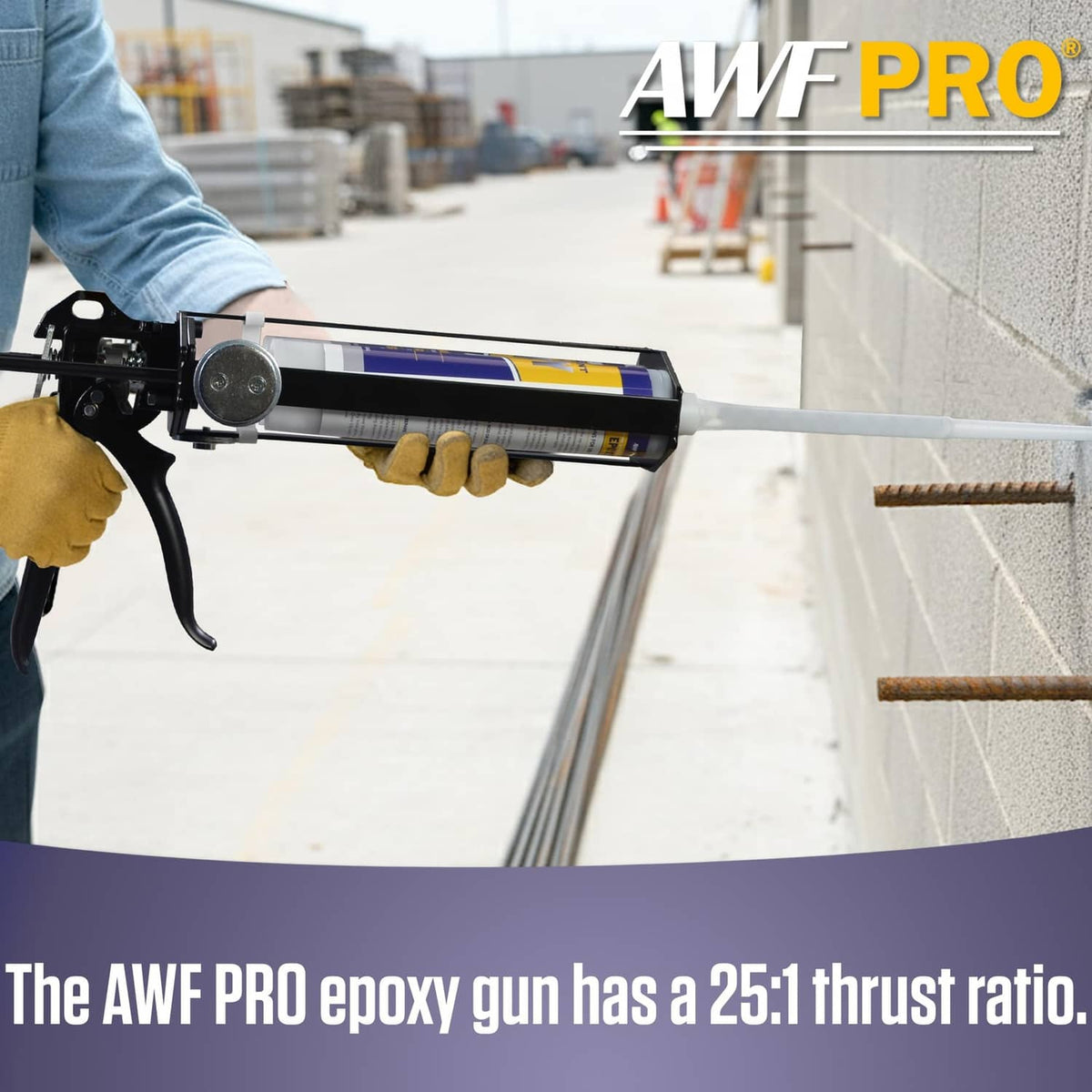 Black dual-cartridge epoxy gun dispensing onto concrete wall, with two-color cartridges