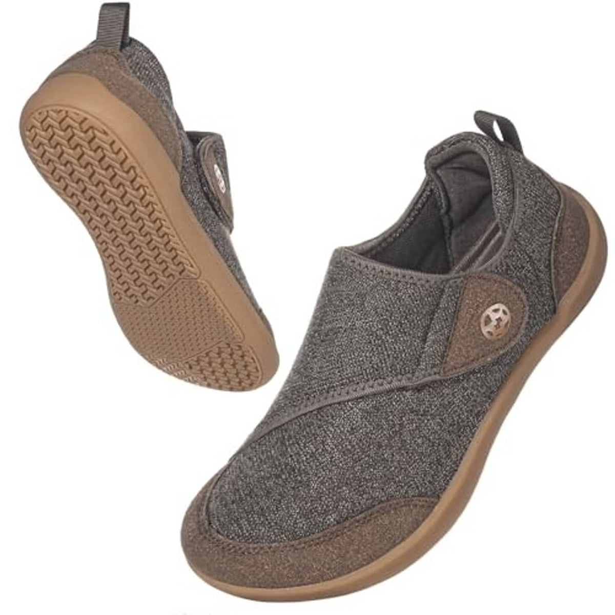 Men's dark gray slip-on slippers with adjustable hook-and-loop closure and rubber sole