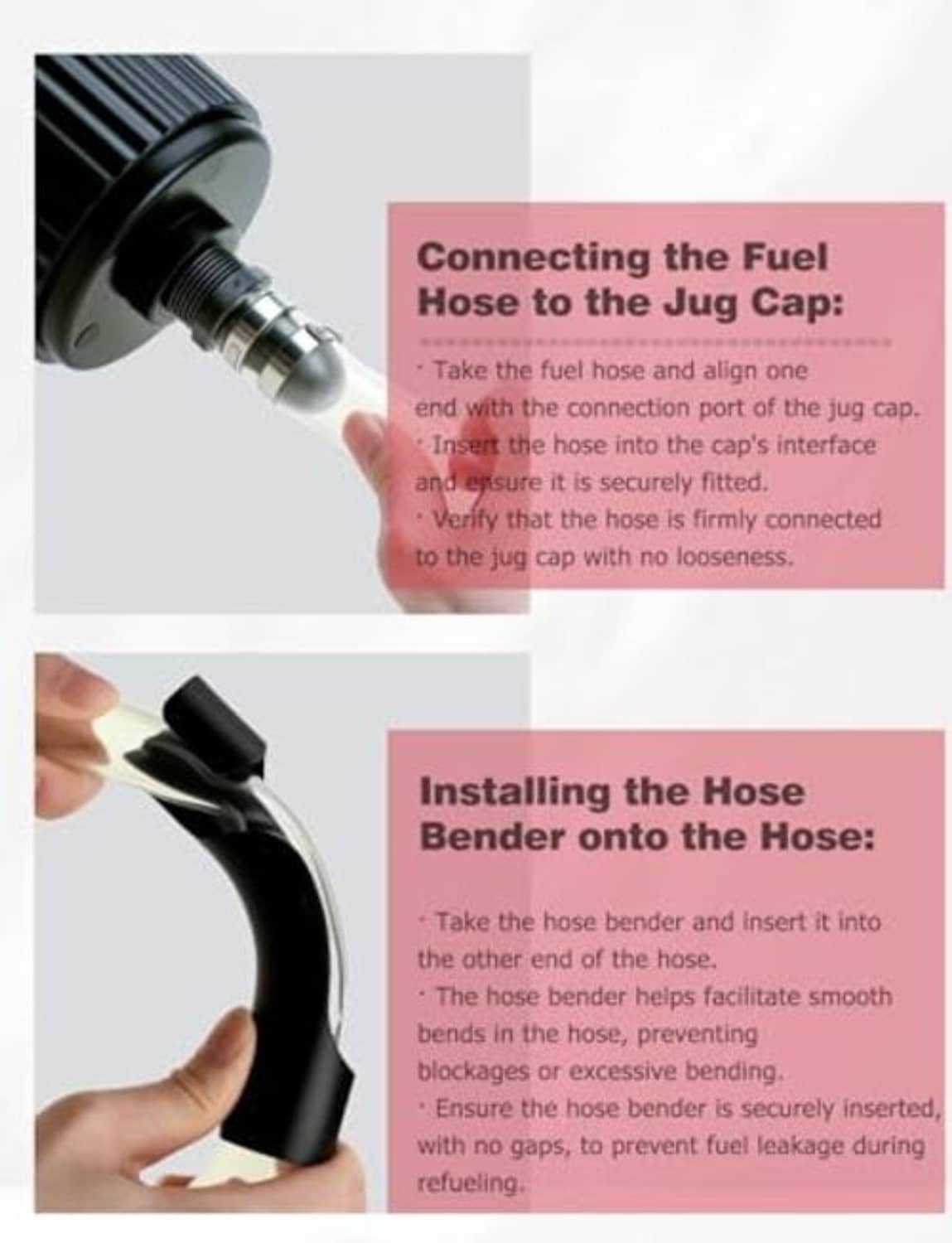 Fuel hose bender connecting to fuel jug cap and hose during installation