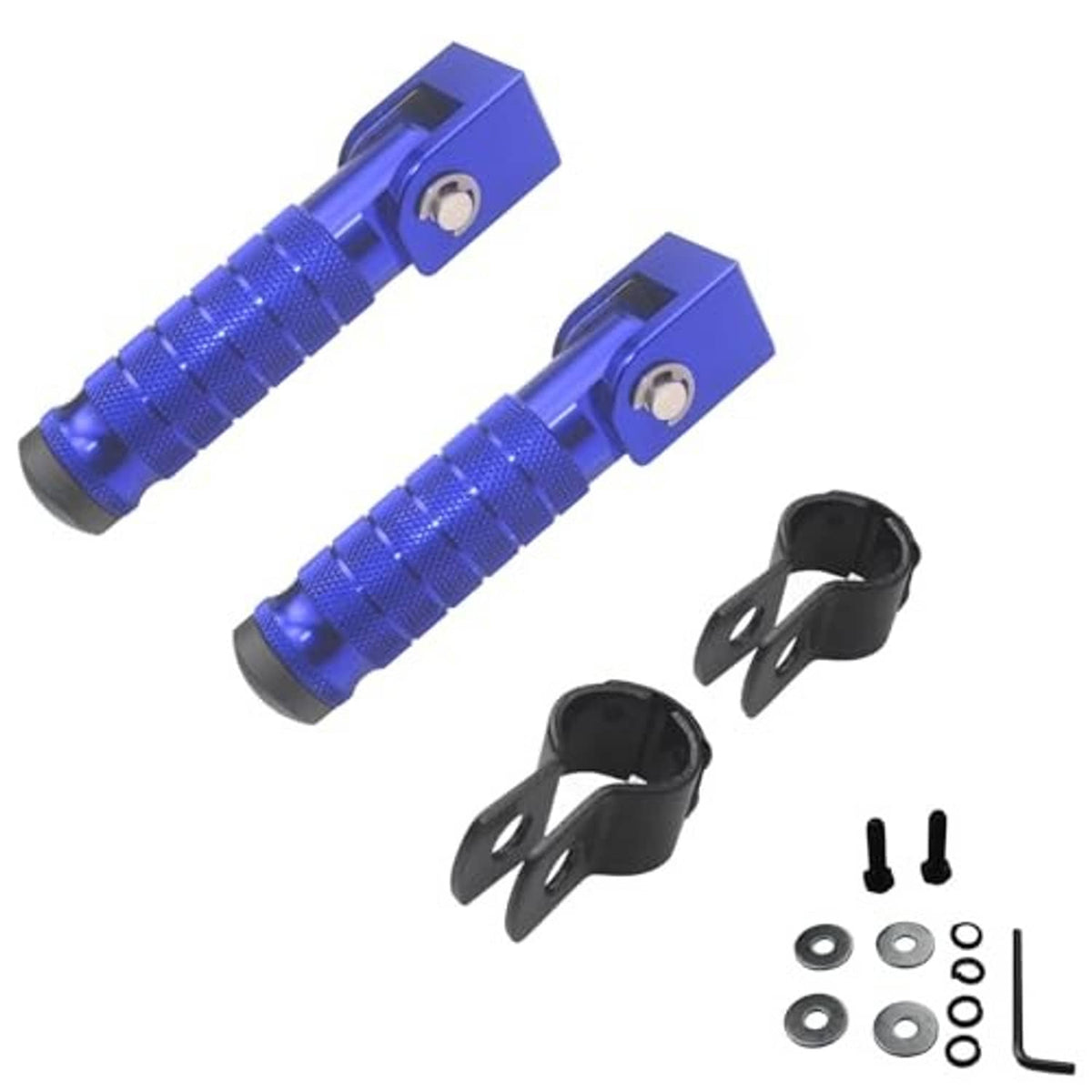 Blue foldable motorcycle foot pegs with black mounting clips and included hardware