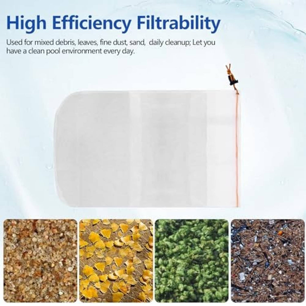 White pool vacuum bag with drawstring opening for filtering debris