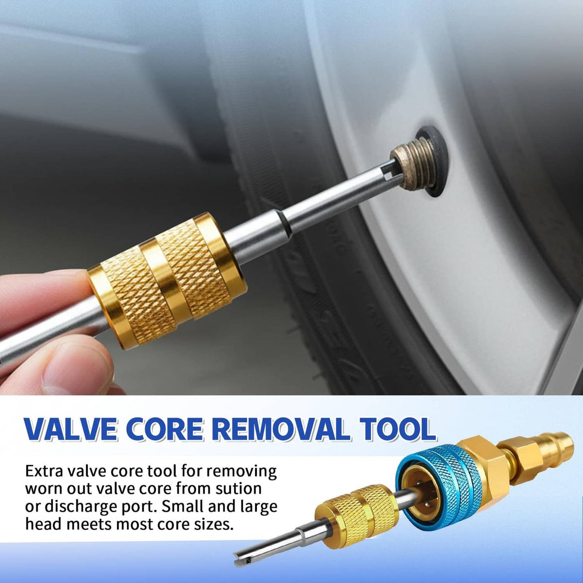 Brass valve core removal tool with red and blue quick coupler tips