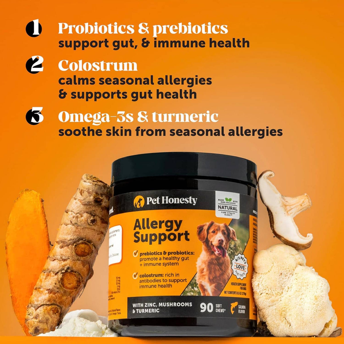 Pet Honesty allergy support supplement jar with 90 soft chews and natural ingredients.