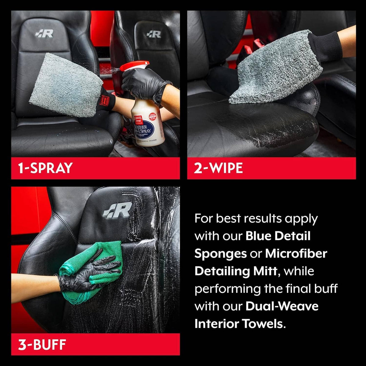Leather care spray and wiping steps: red 3-in-1 bottle with foam and microfiber
