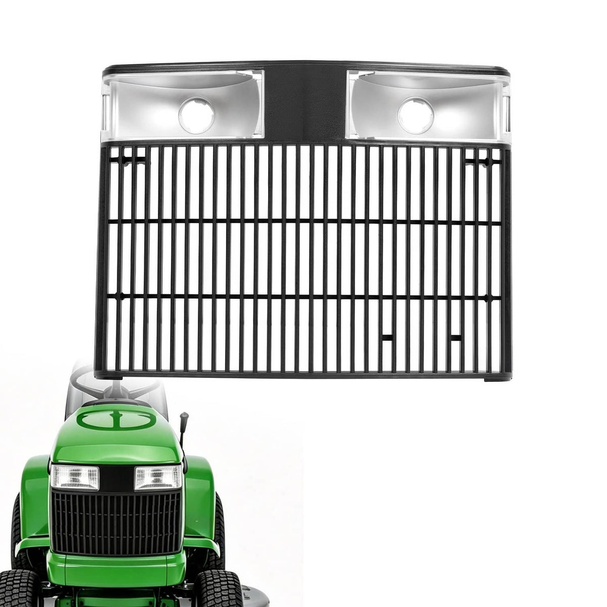 Black tractor grille with vertical bars and rectangular frame