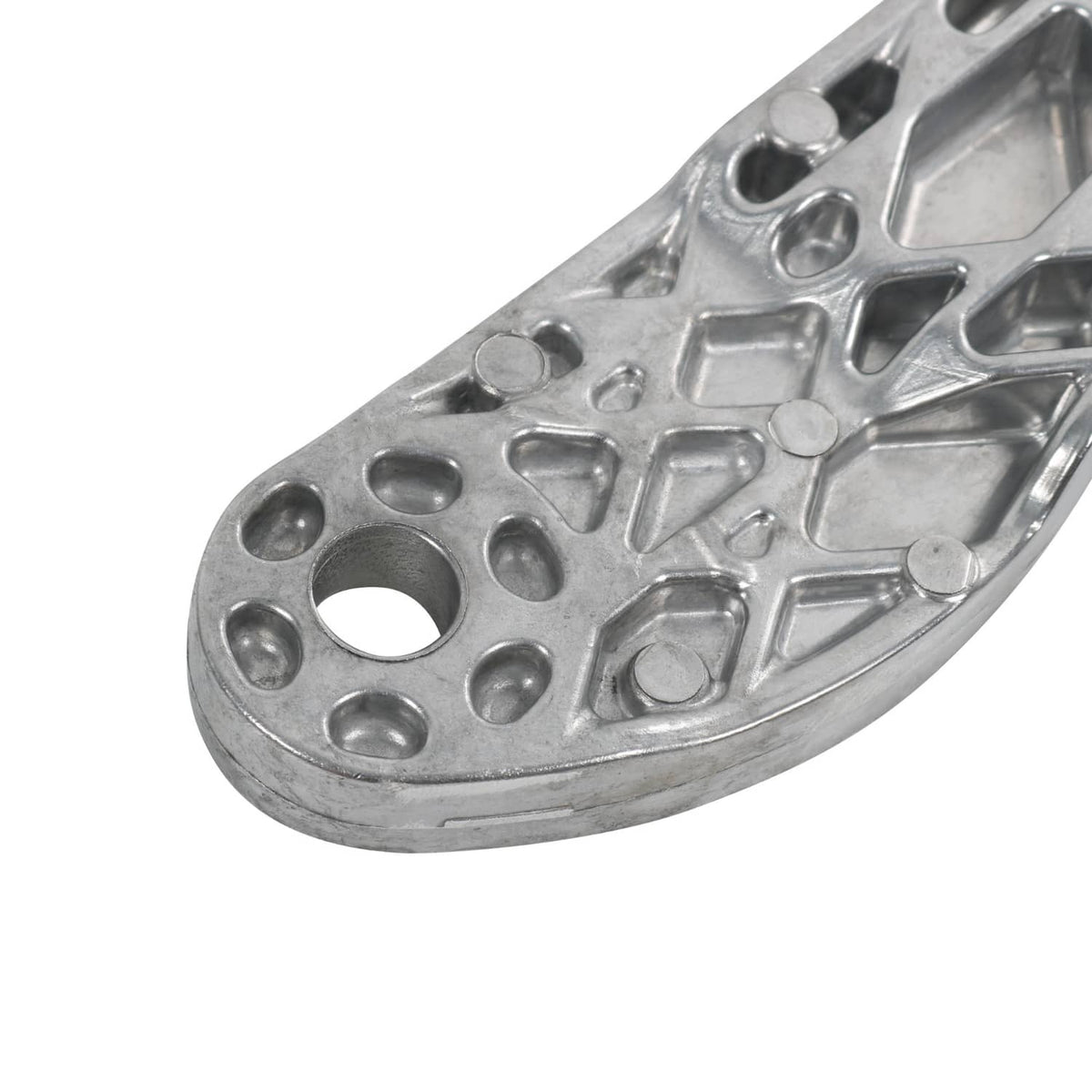 Rear axle differential mounting bracket underside close-up, silver metal stamped design