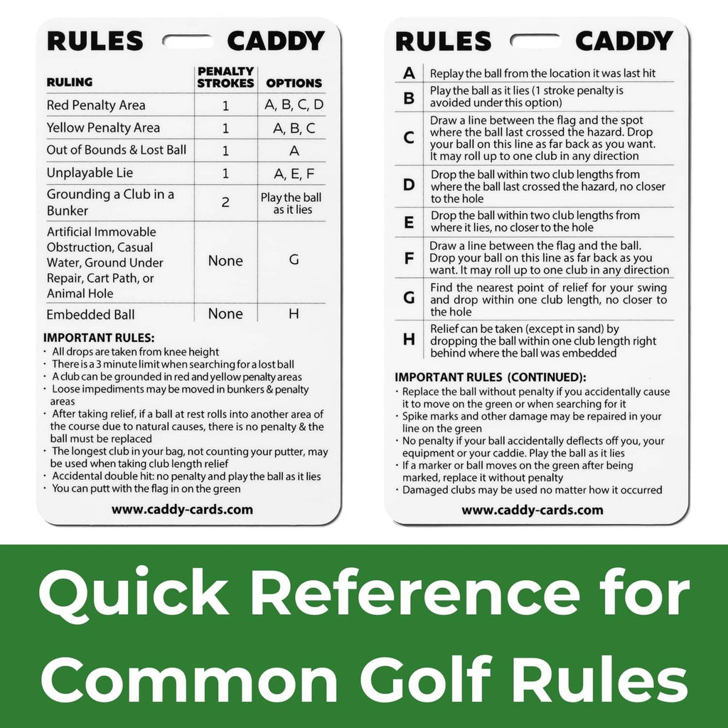 Two-sided golf rules quick reference cards in plastic sleeve, common golf rules
