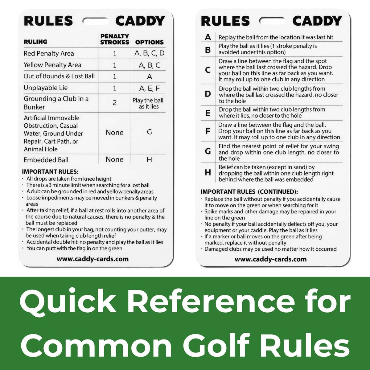 Two-sided golf rules quick reference cards in plastic sleeve, common golf rules