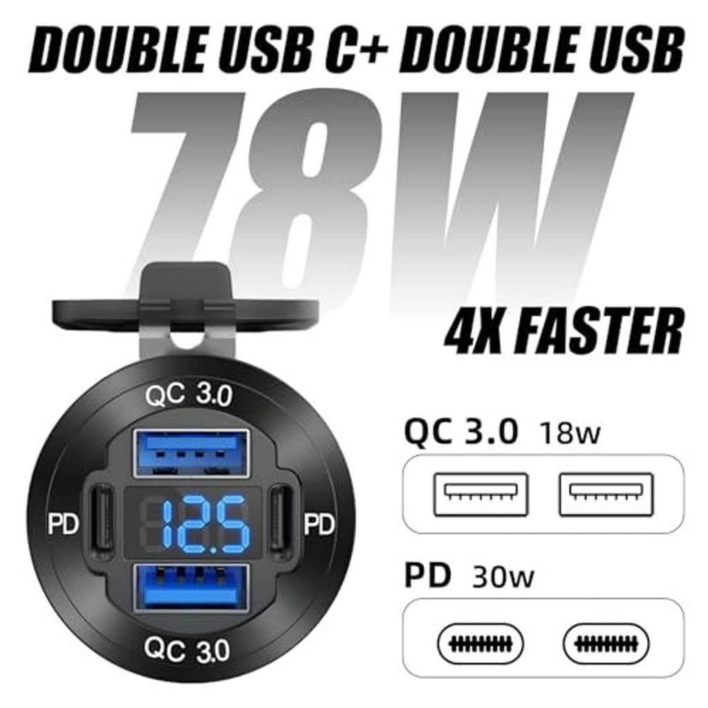 Round black USB outlet charging ports with QC 3.0 and PD labels, digital display