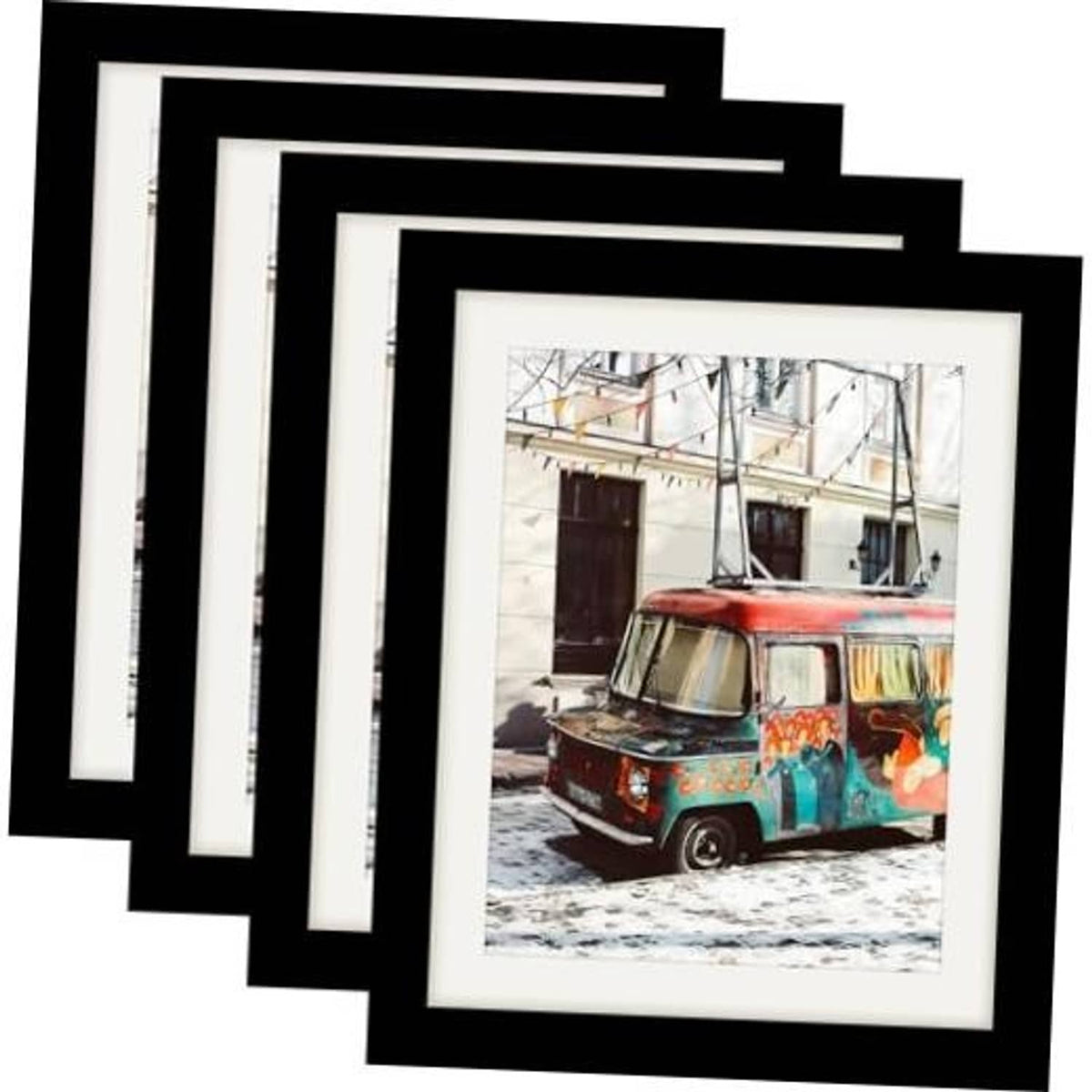 Set of four 8x10 black wood picture frames, stacked with photos in openings