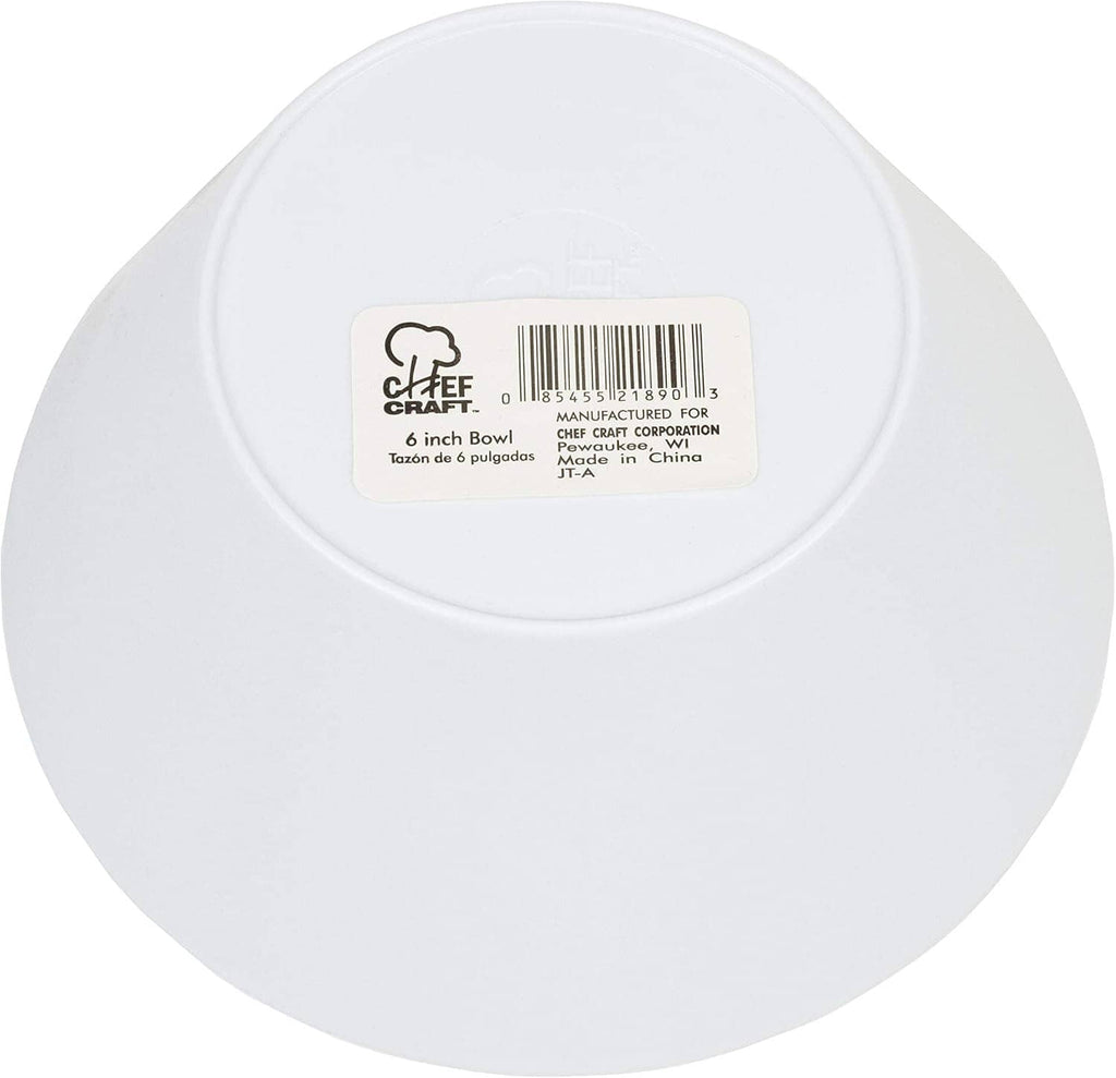 White bowl underside with label sticker; 6-inch bowl, 20 oz capacity
