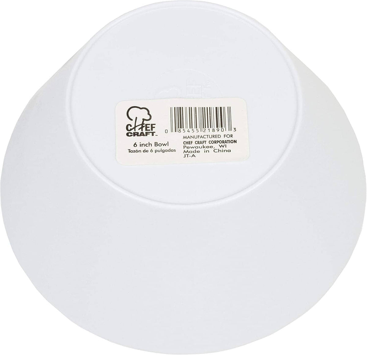 White bowl underside with label sticker; 6-inch bowl, 20 oz capacity