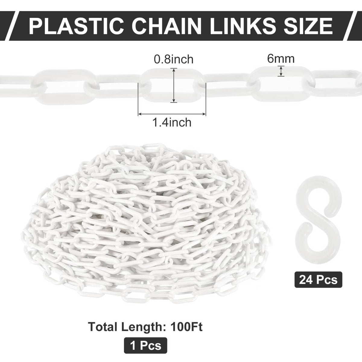 Plastic chain links size chart showing 100 ft total length