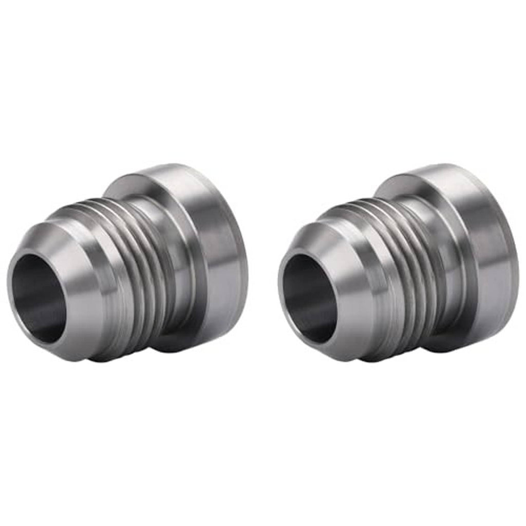 Steel 10AN male weld-on bung fitting adapter set, angled pair, open bore, male threads