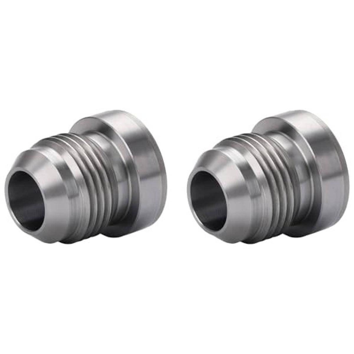 Steel 10AN male weld-on bung fitting adapter set, angled pair, open bore, male threads