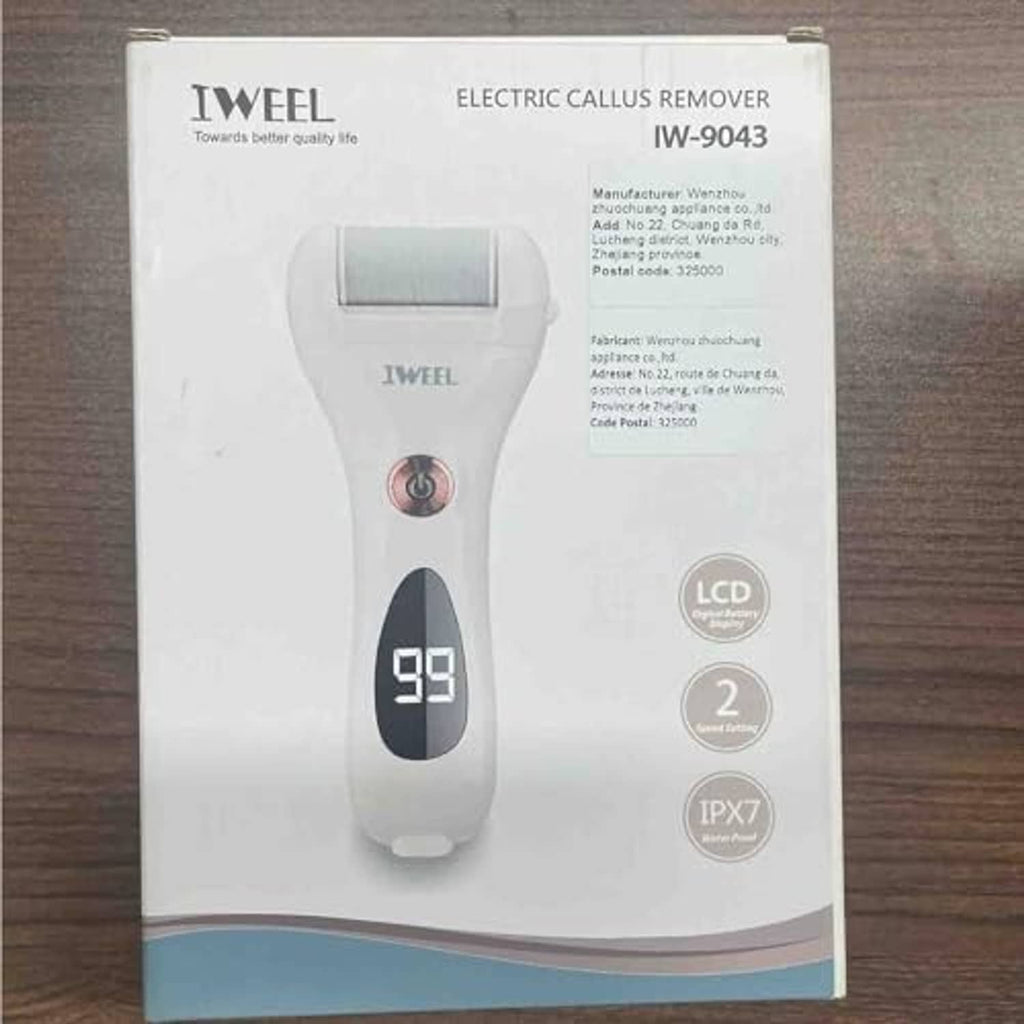 Retail box for electric callus remover with white device pictured and LCD speed display badge
