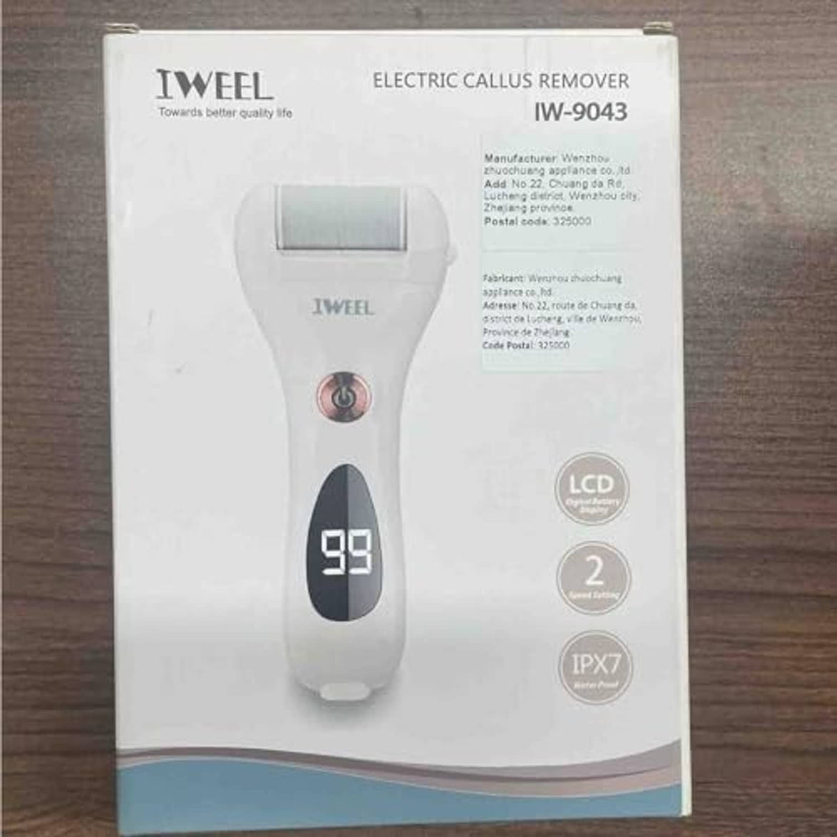 Retail box for electric callus remover with white device pictured and LCD speed display badge