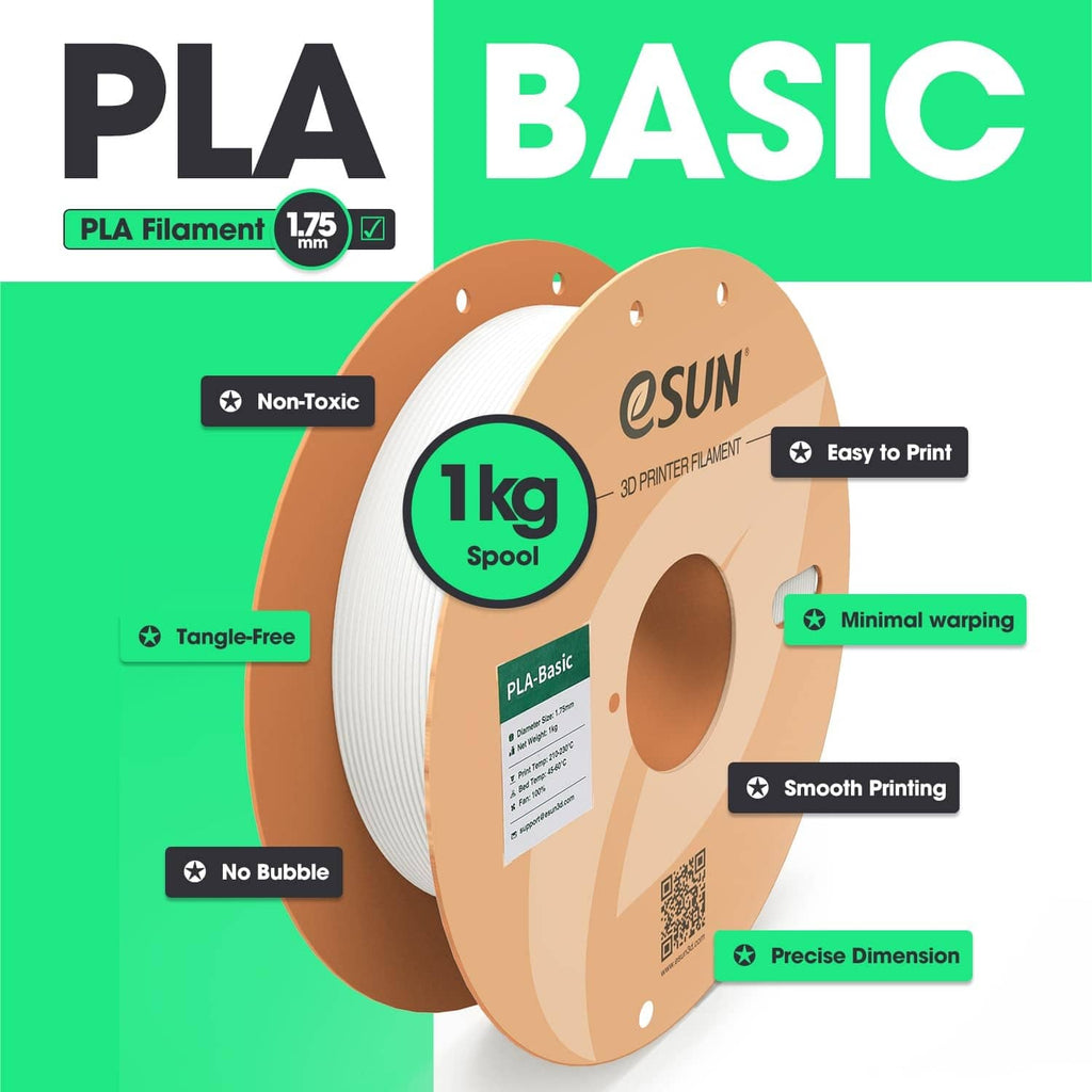 PLA Basic white filament spool on cardboard reel with feature icons on package.