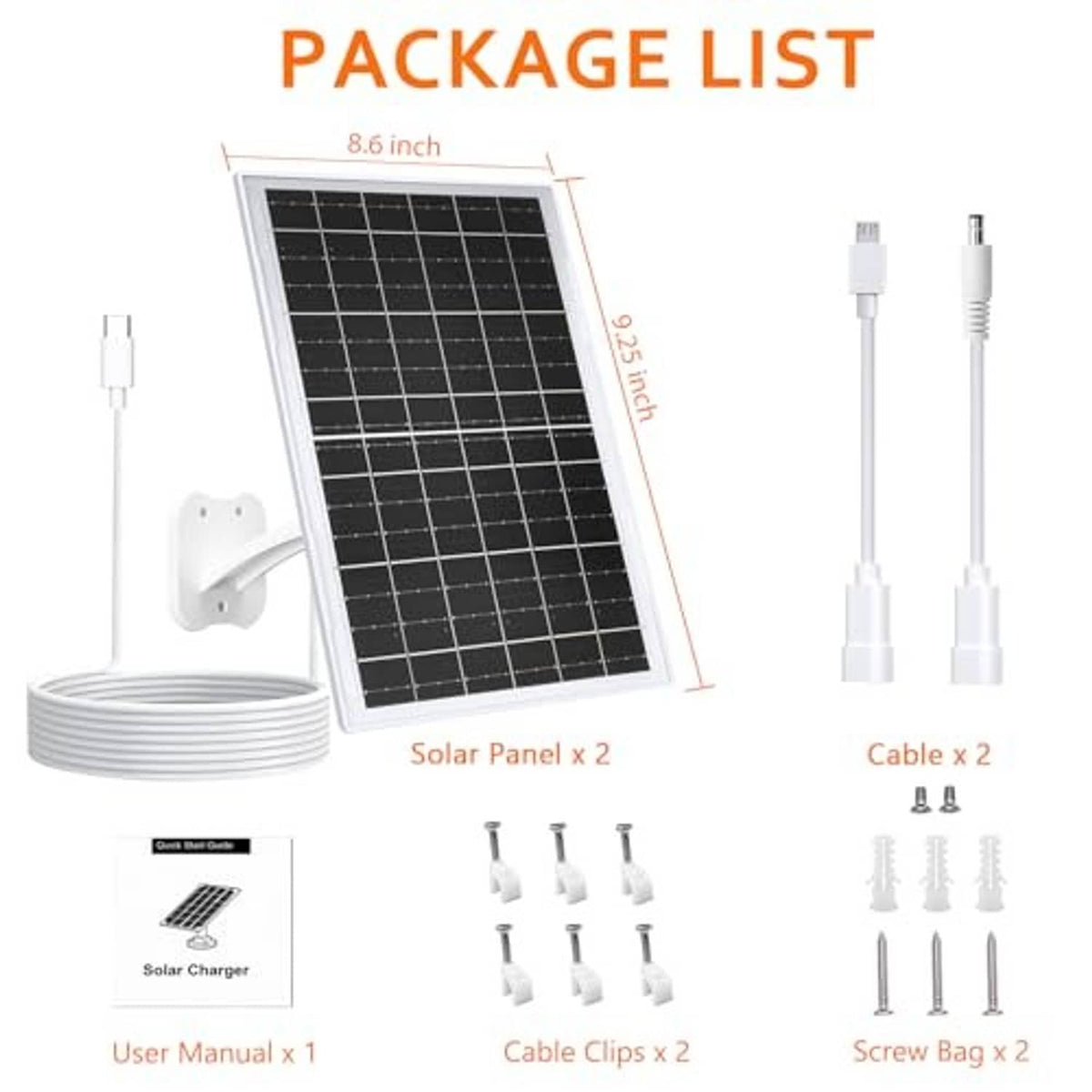 Solar panel charger kit bundle with two panels, two cables, cable clips, and screws