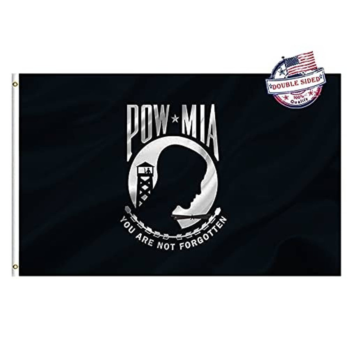 Black POW*MIA outdoor banner flag with centered white POW*MIA circular emblem.