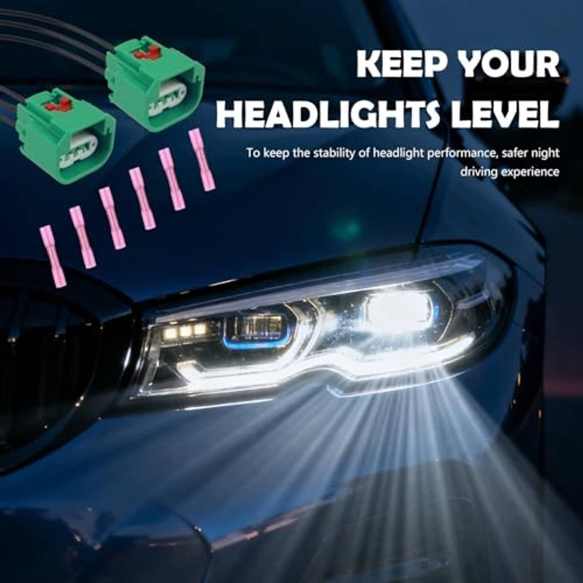 Two green headlight wiring plugs with pink pin terminals and black wires