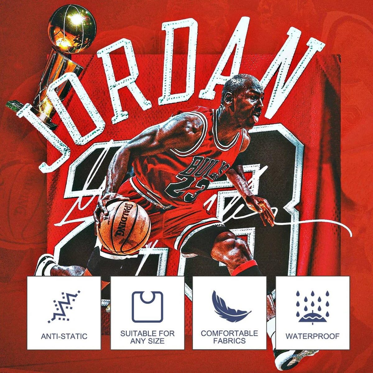 Red barber cape with bold basketball player print and feature icons