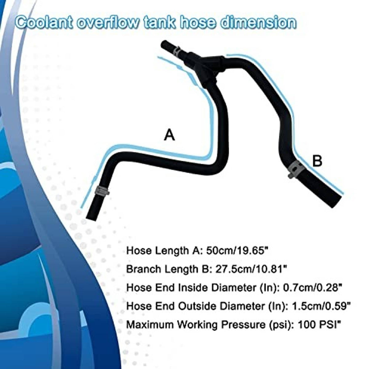 Coolant overflow tank hose dimension diagram with two black hose branches A and B