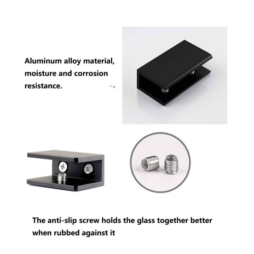 Black square glass shelf clamp clip with anti-slip screws, aluminum alloy