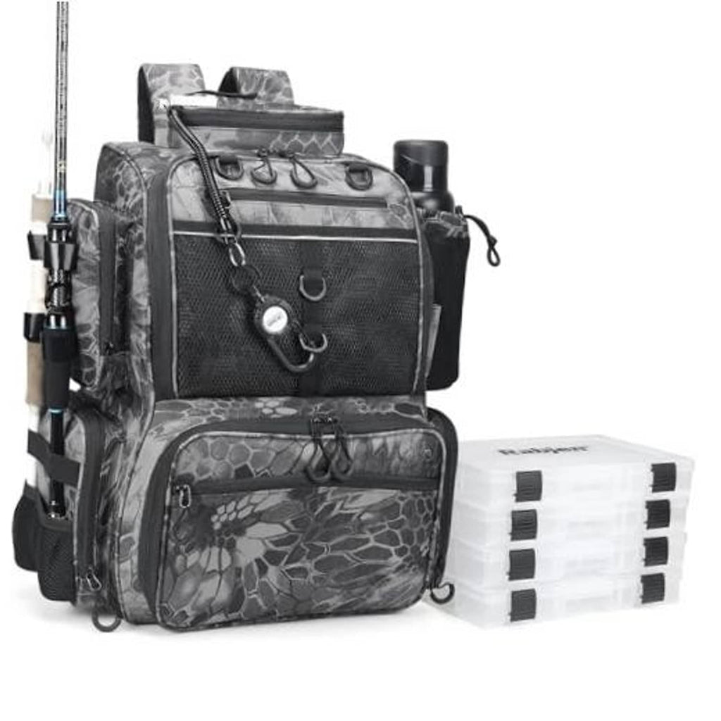 Camouflage black fishing backpack with front pockets and clear divided tackle box