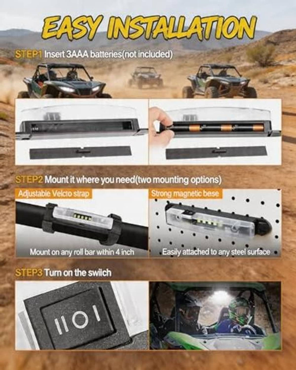 LED light bar with clear cover, yellow LEDs, and black Velcro strap mount points