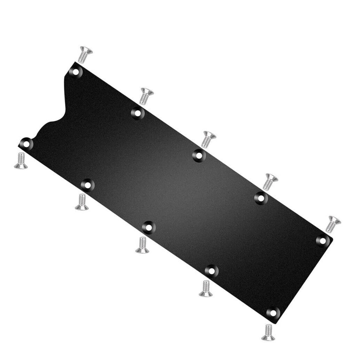 Black billet aluminum valley pan cover plate with visible bolt heads and mounting holes