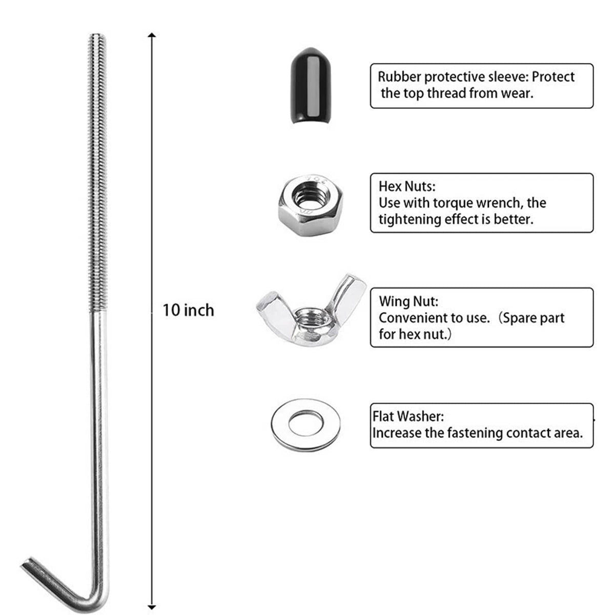 Red battery tie down mount bracket set with 10-inch J-bolts, sleeve, and nuts