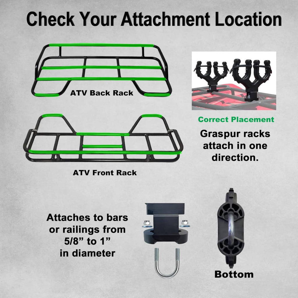 Rack attachment diagram showing black double gun and bow rack with U-bolt bottom piece.
