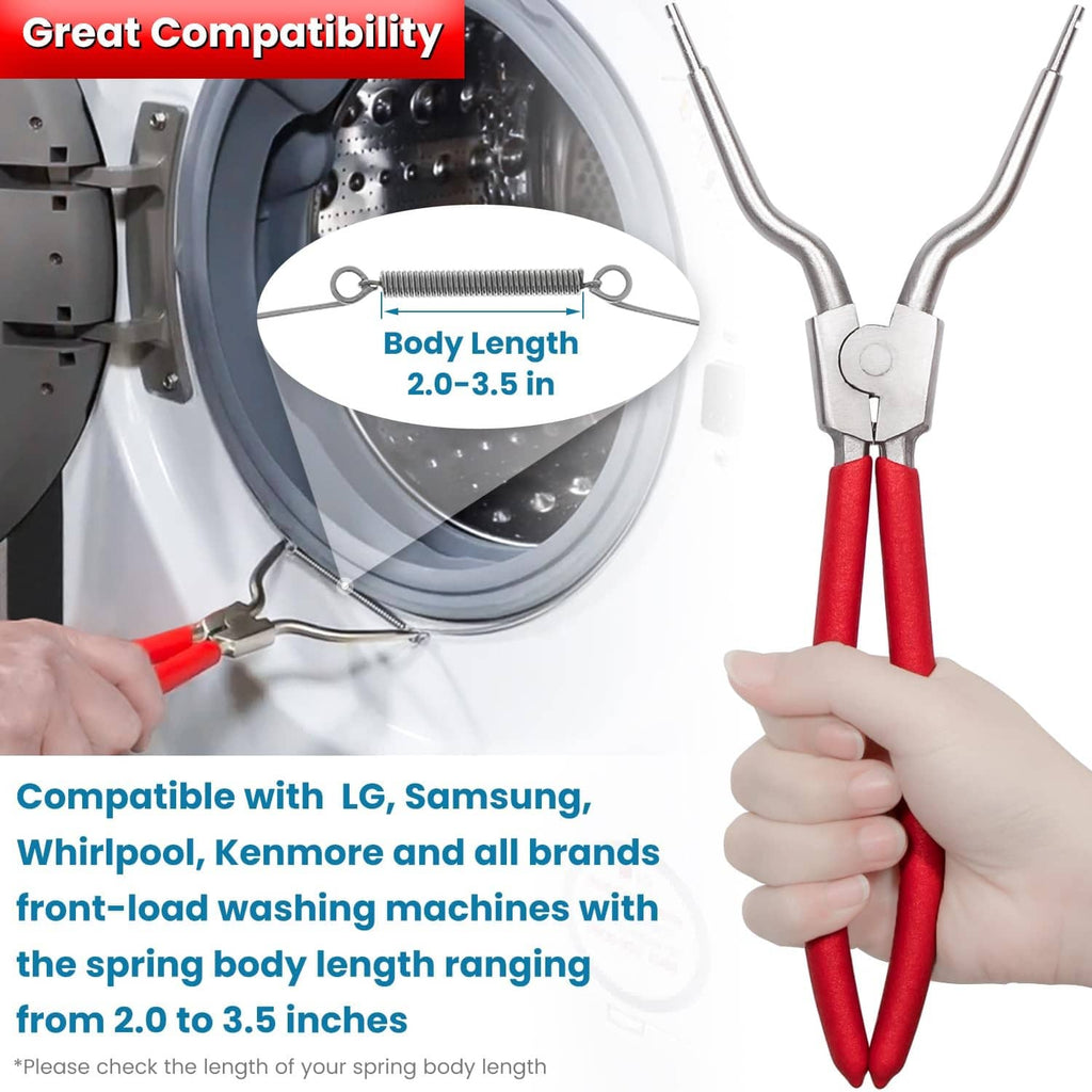 Washing machine spring expansion tool held in hands, red handles and silver clamp frame